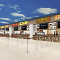 Food Court Interior With Multiple Restaurant Stalls Signboards Queuing Barriers And Blue Sky Ceiling
