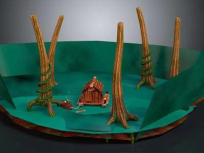 Cartoon Scene with Green Ground Tree Trunks Wrapped in Vines and Small Wooden Cabin 3d model