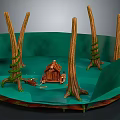 Cartoon Scene with Green Ground Tree Trunks Wrapped in Vines and Small Wooden Cabin