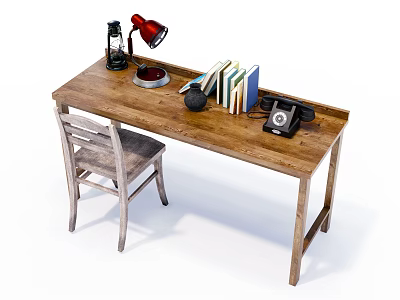 Wooden Desk Setup With Red Lamp Black Lantern Books Vintage Telephone And Chair 3d model