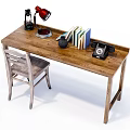 Wooden Desk Setup With Red Lamp Black Lantern Books Vintage Telephone And Chair