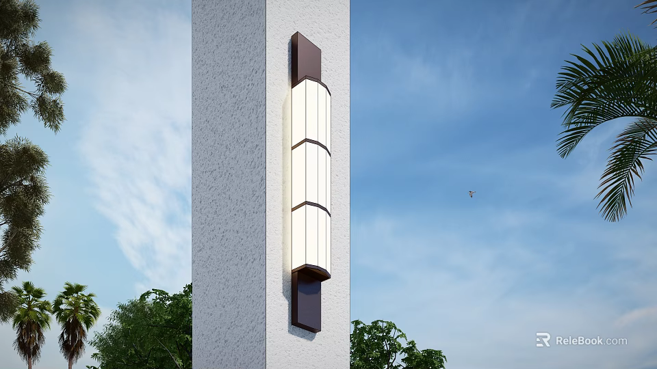 Modern Outdoor Wall Light With Cylindrical Shades On White Pillar Against Green Trees Blue Sky 3d model 
