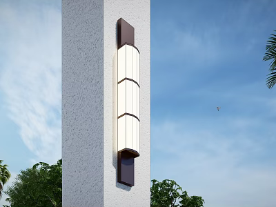 Modern Outdoor Wall Light With Cylindrical Shades On White Pillar Against Green Trees Blue Sky 3d model
