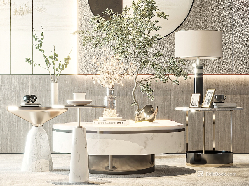 Elegant Modern Coffee Table With Round Marble Top And Green Plant Lamp Decor 3d model 
