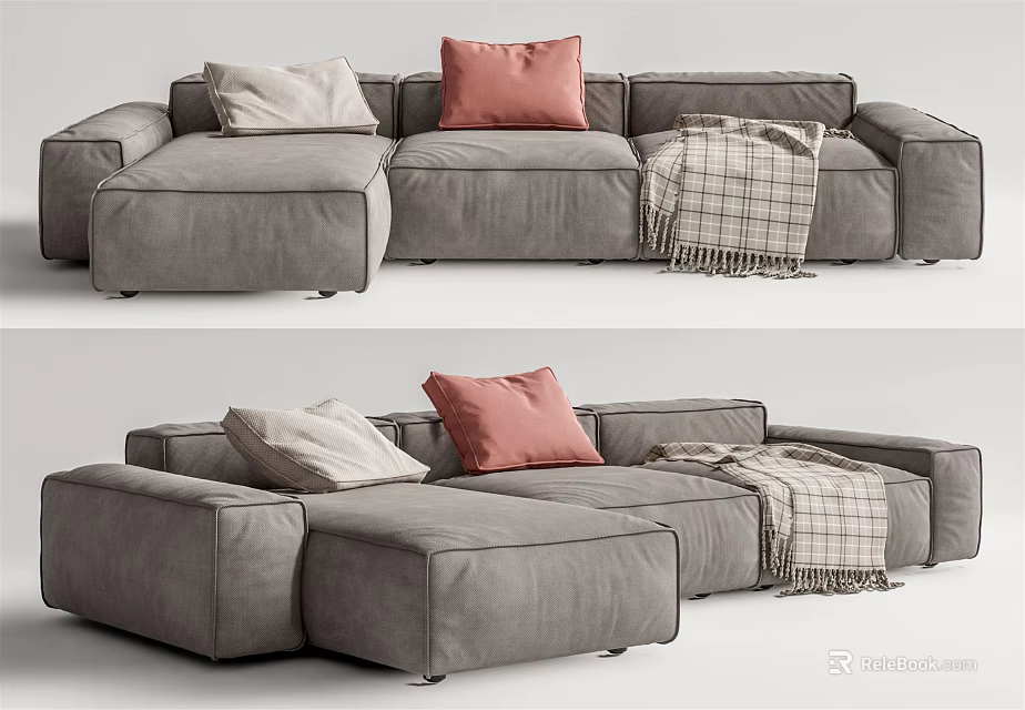 Modern Gray Fabric Sectional Sofa With Pink And Beige Pillows And Plaid Blanket 3d model 