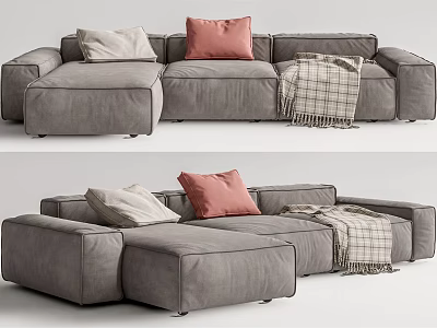 Modern Gray Fabric Sectional Sofa With Pink And Beige Pillows And Plaid Blanket 3d model