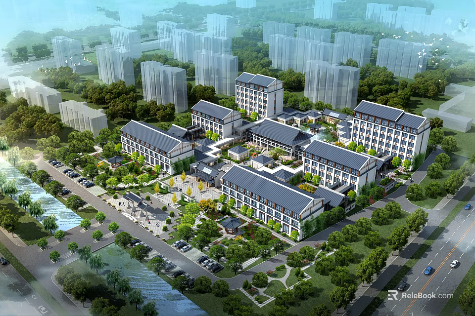 Aerial View Planning of Modern Traditional Residential Complex with Courtyards Greenery Water Features and Roads 3d model 