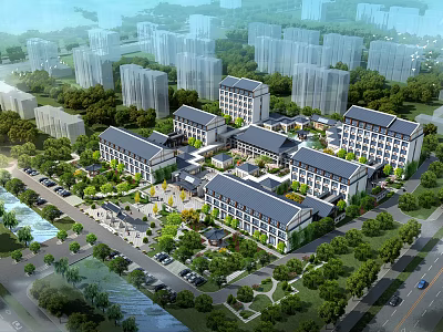 Aerial View Planning of Modern Traditional Residential Complex with Courtyards Greenery Water Features and Roads 3d model