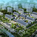 Aerial View Planning of Modern Traditional Residential Complex with Courtyards Greenery Water Features and Roads