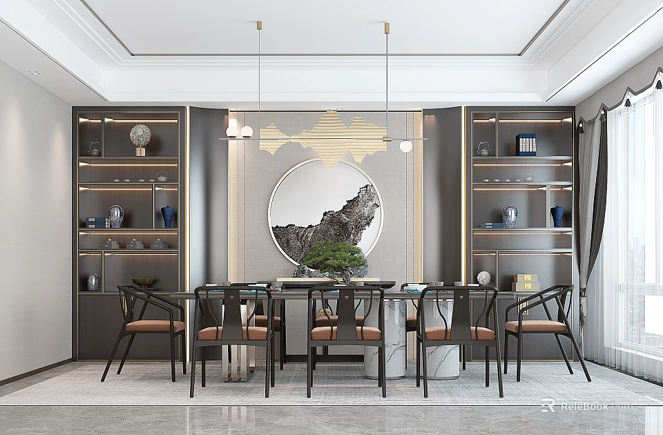 Elegant Modern Restaurant Interior With Round Table Pendant Lights Bookshelves Decorative Painting And Green Plant 3d model 