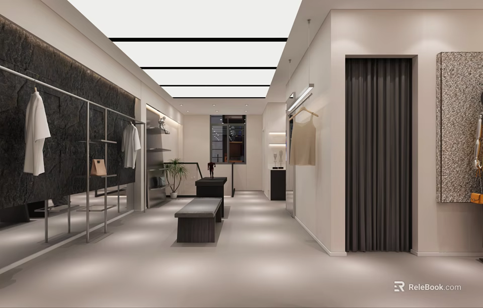 Modern Clothing Store Interior Design With Display Racks And Hanging Apparel 3d model 