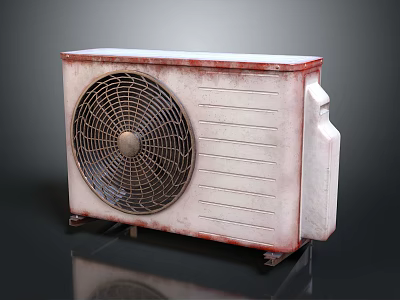 Old Rusted Air Conditioner Outdoor Unit With Metal Fan Grille And Heat Sink 3d model