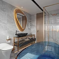Modern Bathroom With Marble Textured Walls Unique Mirror And Black Sink