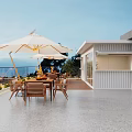 Villa Balcony With Wooden Deck Outdoor Dining Set Umbrella And Ocean View