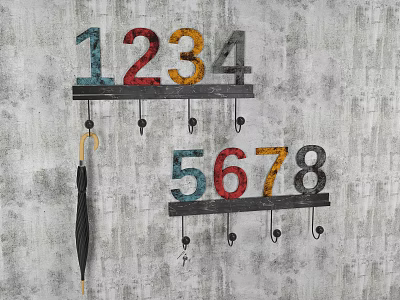 Colorful Numbered Wall Hooks for Hanging Umbrella and Keys on Gray Wall 3d model