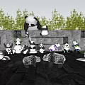Panda Sculptures Outdoor Display With Bamboo Trees Stone Wall And Purple Flowers