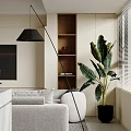 Modern Living and Dining Room Interior With Beige Sofa Dining Table Plants And Large Windows