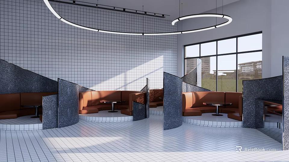 Modern Café Interior With White Tiled Walls Hanging Circular Lights Curved Partitions Brown Leather Booths 3d model 