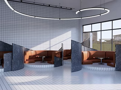 Modern Café Interior With White Tiled Walls Hanging Circular Lights Curved Partitions Brown Leather Booths 3d model