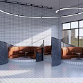 Modern Café Interior With White Tiled Walls Hanging Circular Lights Curved Partitions Brown Leather Booths