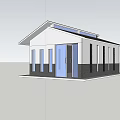 Small Single Story Building With White Dark Exterior Walls Blue Door And Sloped Roof
