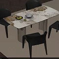 Modern Rectangular Dining Table Set With Marble Tabletop And Black Metal Legs Chairs 3d model