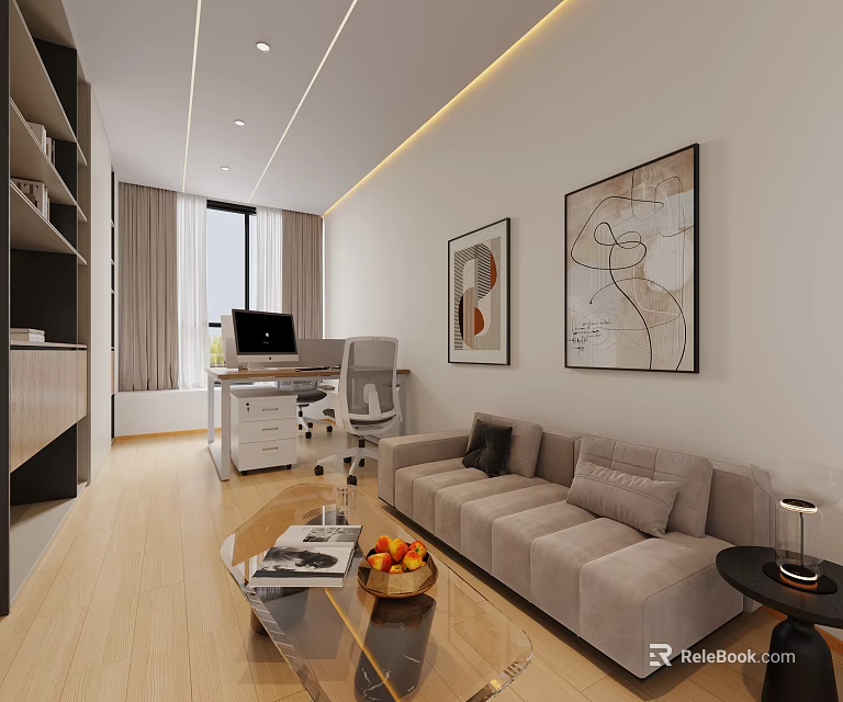 Modern Office Interior Design With Sofa Desk Computer Wall Artwork And Wooden Floor 3d model