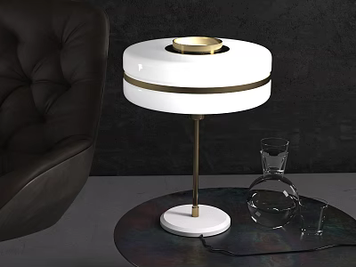 Elegant White Table Lamp With Gold Ring On Round Table And Leather Sofa 3d model