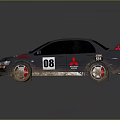 Muddy Off Road Racing Car With Number 08 Red Rims And Mitsubishi Badge