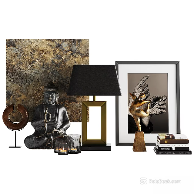Modern Decorative Ornament Set With Buddha Statue Table Lamp Framed Art And Metal Ornament 3d model 