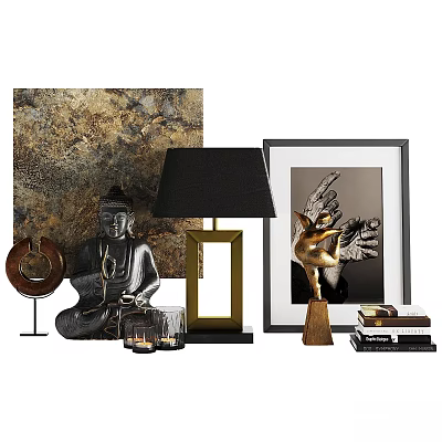 Modern Decorative Ornament Set With Buddha Statue Table Lamp Framed Art And Metal Ornament 3d model