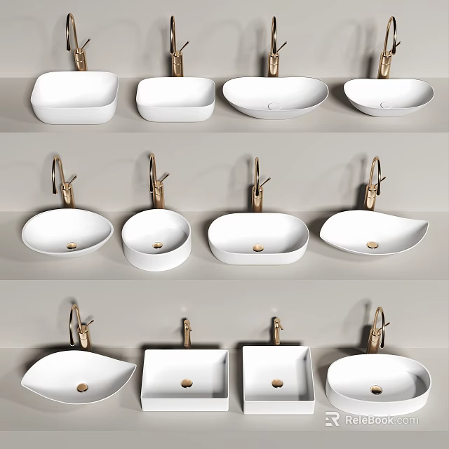 White Ceramic Wash Basin Design Collection With Gold Faucet Various Shapes 3d model 