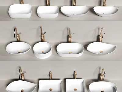 White Ceramic Wash Basin Design Collection With Gold Faucet Various Shapes 3d model