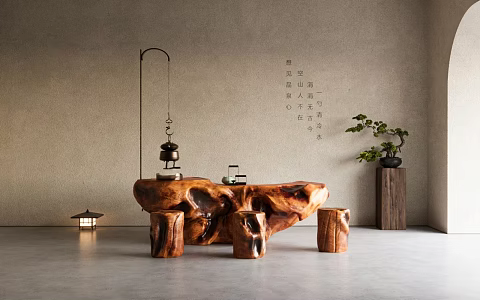 Quiet Tea Table and Chair Combination Root Carving Tea Table Pine 3d model