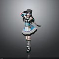 Woman In Blue White Black Maid Outfit With Long Hair And Hair Accessory Posing