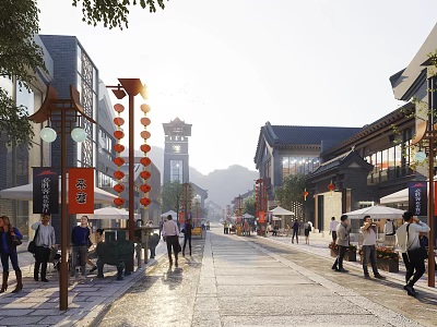 Ancient Style Commercial Street With Traditional Architecture Red Lanterns Pedestrians Shops And Sunlight 3d model