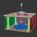 Elegant Display Cabinet with Blue Drapery Marble Top Carved Columns and Diamond Ring