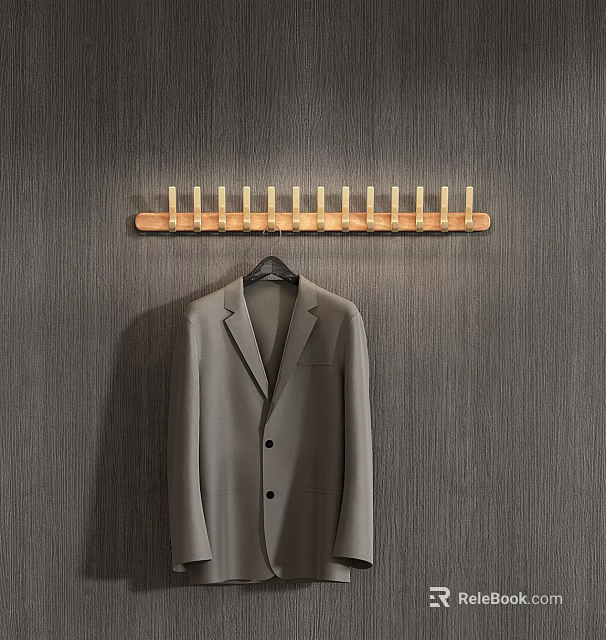 Wall Mounted Wooden Coat Hooks With Gray Suit Jacket On Textured Gray Wall 3d model 