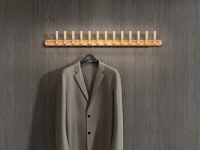 Wall Mounted Wooden Coat Hooks With Gray Suit Jacket On Textured Gray Wall 3d model