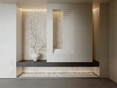 Modern Entryway Hallway Design With Textured Wall Mirror Black Bench And White Vase 3d model