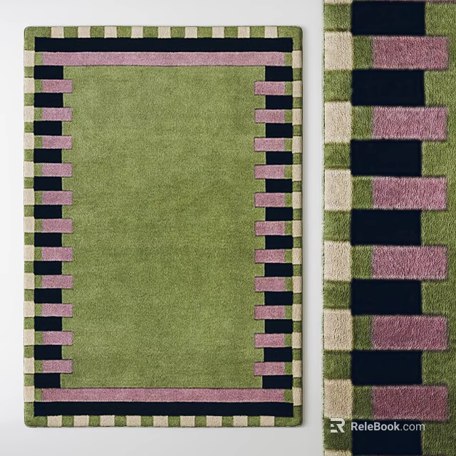 Stylish Square Rug Featuring Green Main Body Pink Black Striped Borders And Beige Square Patterns 3d model 