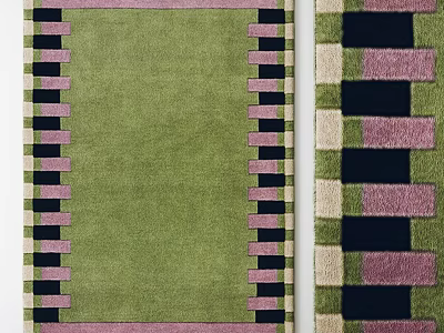 Stylish Square Rug Featuring Green Main Body Pink Black Striped Borders And Beige Square Patterns 3d model