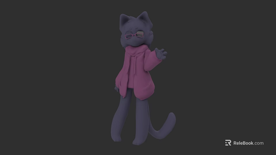 Gray Cat Cartoon Character Wearing Pink Hoodie With Glasses Waving In 3D Illustration 3d model 