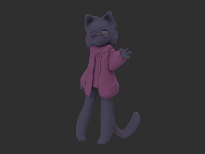 Gray Cat Cartoon Character Wearing Pink Hoodie With Glasses Waving In 3D Illustration 3d model