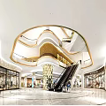 Modern Shopping Mall Store Interior With Geometric Ceiling Escalators And Glass Storefronts
