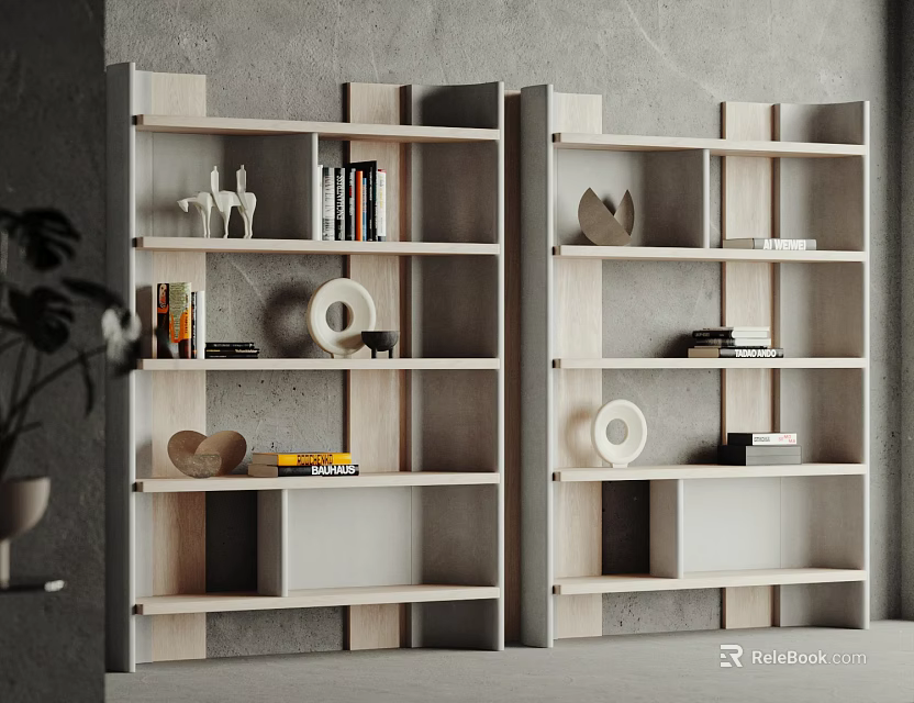 Modern Light Wood Bookcases With Multiple Shelves Books Decorative Accents And Sculptures 3d model 