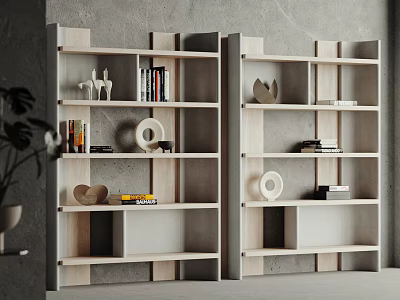 Modern Light Wood Bookcases With Multiple Shelves Books Decorative Accents And Sculptures 3d model