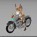 Horned Anime Girl With Orange Long Hair Riding Gray Motorcycle With Green Headlight