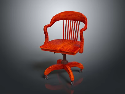 Stylish Red Wooden Office Chair With Armrests And Wheeled Base Structure 3d model
