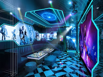 Modern Stylish KTV Interior Design With LED Screens Neon Lights And Seating Area 3d model